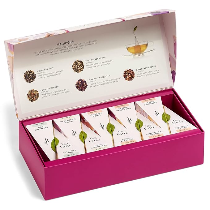 Tea Forte Mariposa Premium Tea Petite Presentation Box Tea Gift Sampler, 10 Count, 1 of Each Variety Individually Wrapped Handcrafted Pyramid Infuser Bags