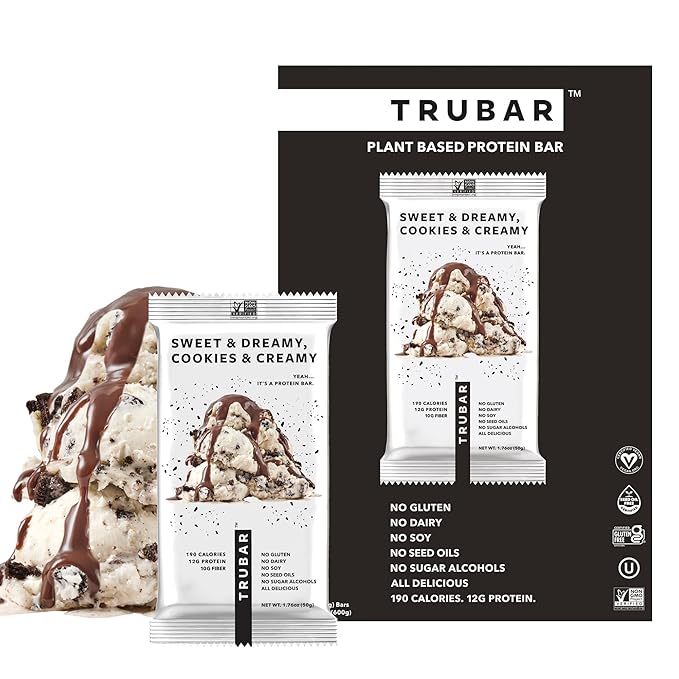 TRUBAR Vegan Protein Bar, Sweet & Dreamy Cookies and Creamy, Gluten Free, Plant Based Protein, Dairy Free, Non GMO, Soy Free, No Sugar Alcohols, 12G Protein, 12G Fiber, 23G Carb, On the Go Snack Bars, 12ct