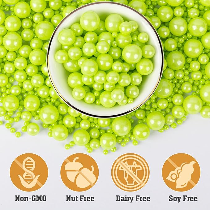 Twisweet Green Pearl Sprinkles for Cake Decorating, Edible Sugar Pearls for Baking, Mix Size, Cake Topper Cupcake Cookie Ice Cream Dessert Decorations, Easter Birthday Summer Party Supplies (130g/4.58oz)