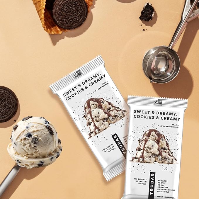 TRUBAR Vegan Protein Bar, Sweet & Dreamy Cookies and Creamy, Gluten Free, Plant Based Protein, Dairy Free, Non GMO, Soy Free, No Sugar Alcohols, 12G Protein, 12G Fiber, 23G Carb, On the Go Snack Bars, 12ct