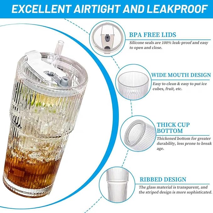20 oz Glass Tumbler with Lid and Straw, 4 Pack Clear Ribbed Iced Coffee Cup, High Borosilicate Glass Tumbler, Reusable Vintage Glassware for Iced Coffee, Smoothies, Cocktails, and Juices