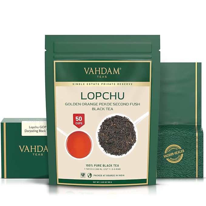 VAHDAM, Second Lopchu Golden Orange Pekoe Black Tea| 40+ cups, 3.53 oz | Pure 100% Unblended Darjeeling Black Tea Loose Leaf | Single Estate Tea