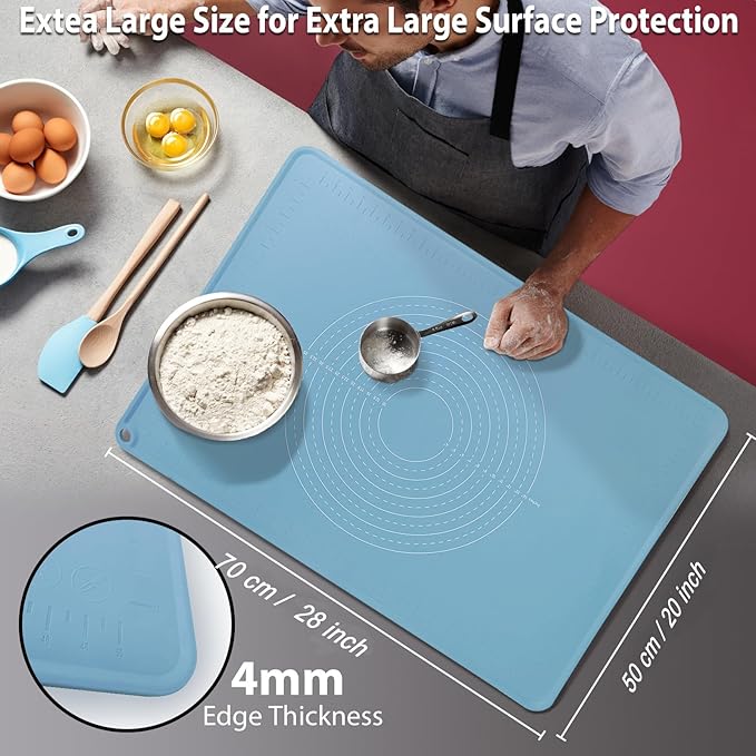 28"X20" Silicone Baking Mat Extra Large Non-stick Pastry Mat with High Edge, Dough Rolling Board for Pastry, Macarons, Pies, Bread, Cookies, Pizza, Fondant, Pasta, Food Grade Silicone Baking Supplies