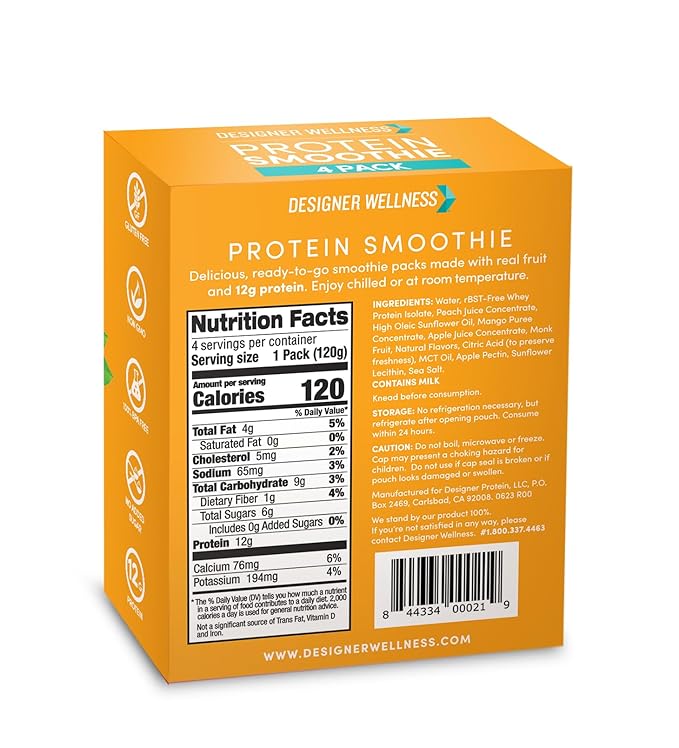 Designer Wellness Protein Smoothie, Real Fruit, 12g Protein, Low Carb, Zero Added Sugar, Gluten-Free, Non-GMO, No Artificial Colors or Flavors, Peach Mango, 24 Count