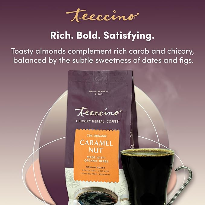Teeccino Caramel Nut Chicory Coffee Alternative - Ground Herbal Coffee That’s Prebiotic, Caffeine Free & Acid Free, Medium Roast, 11 Ounce