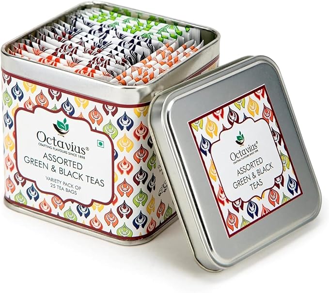 Octavius Tea Variety Pack | 6 Assorted Black & Green Teas | 25 Teabags | Tea Sampler Pack | Pack of 2