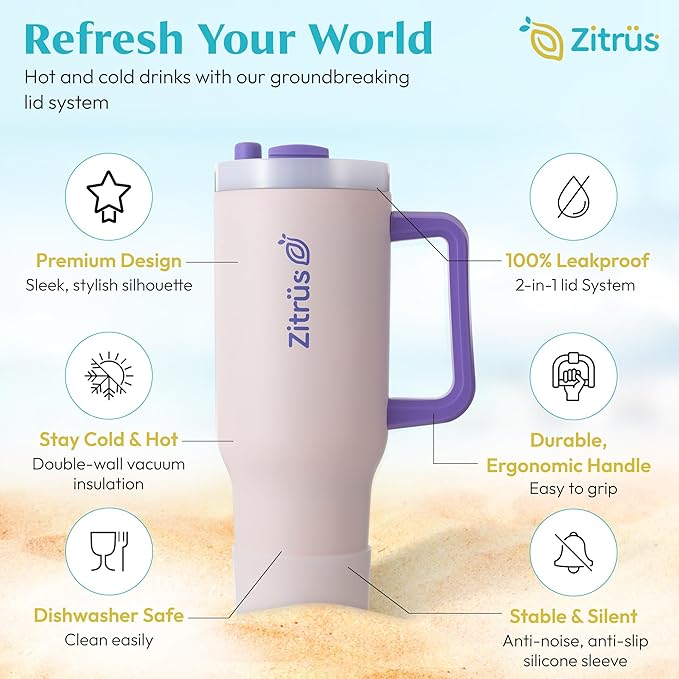 40 oz Tumbler with Handle and Straw | Leak Proof Insulated Stainless Steel Water Bottle Travel Mug Fits in Cup Holder | Keeps Cold Hot | Gifts for Women Men Him Her (Pink, 40 oz)