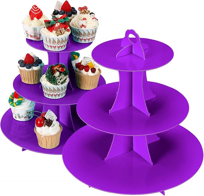 2Pcs 3-Tier Cupcake Stand, Cake Stand holder, Tiered DIY Cupcake Stand Tower for Dessert Table Displays, Birthday Theme Party Favors Decoration, Floral Tea Party, 12" W x 12.8" H, Purple