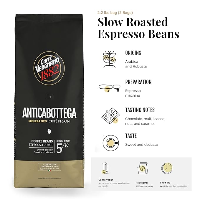 Caffe Vergnano 1882 Antica Bottega Whole Bean Arabica Medium Roast Espresso, 2.2 lbs Bag - Italian Coffee Beans with notes of Chocolate, Nuts & Caramel, Intensity 5/10-1000g Bag (2 Pack)