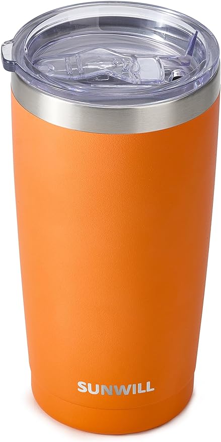 SUNWILL Travel Coffee Tumbler 20 oz, Insulated Mug with Lid, Stainless Steel Cup for Hot and Cold Drinks, Powder Coated Orange