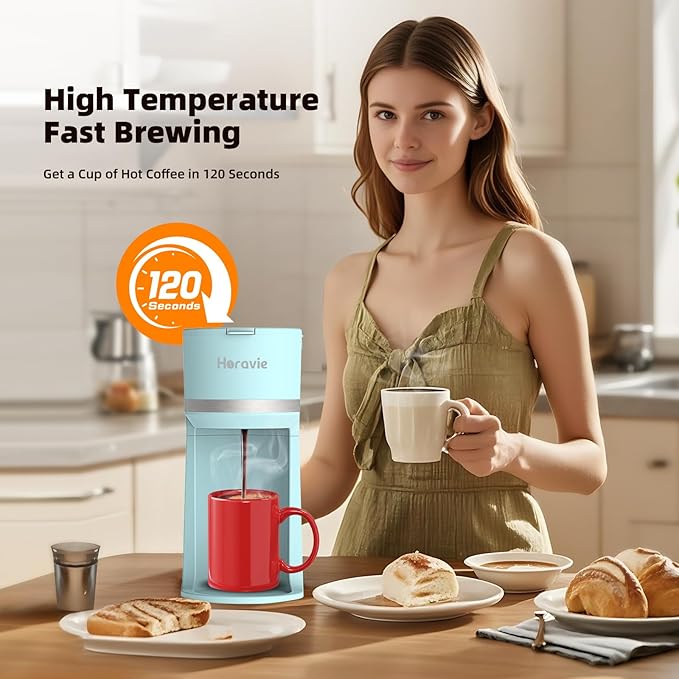 Mini Single Serve Coffee Maker for K Cup and Ground Coffee, Fast Brew One Cup Coffee Machine with Descaling Reminder and Water Window, 6 to 12 oz. Brew Sizes, Light Blue