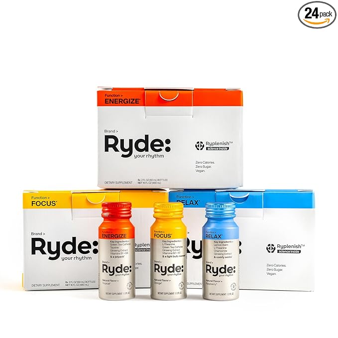 Ryde: Discovery Pack | Energize, Focus & Relax Shots | Green Tea Caffeine, Taurine, Ginseng, B Vitamins, L-Theanine, Lemon Balm, Chamomile | 0 Calories, 0 Sugar | Variety Pack – Try Them All (24 Pack)
