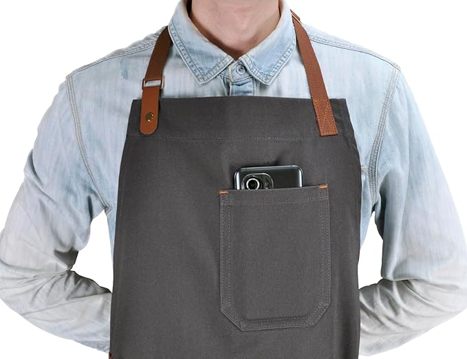 Professional Chef Apron for Men Women with Pockets, Bib Apron for Cooking Kitchen Grill BBQ, with Towel Loop and Adjustable Neck Strap (Dark Grey)