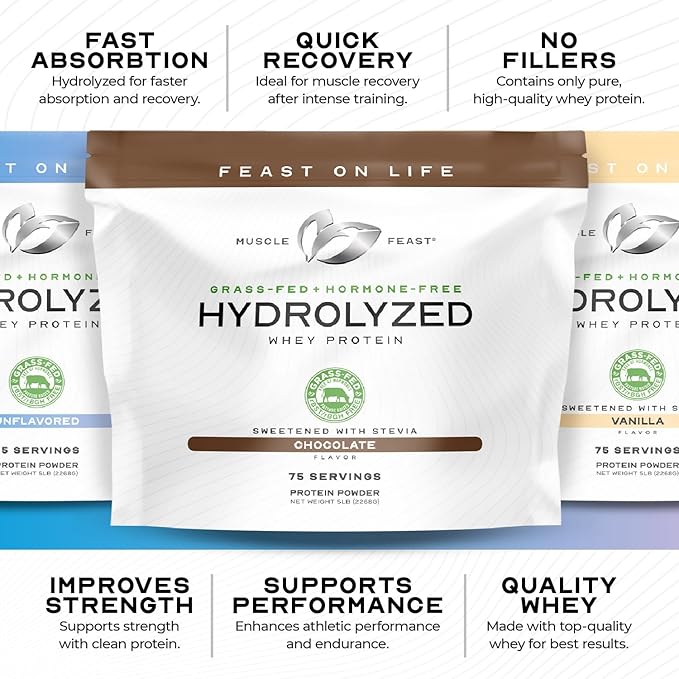 Muscle Feast Hydrolyzed Whey Protein Powder, Grass Fed and All Natural Hormone-Free, Hydro Whey Powder for Men and Women, Gluten Free, Non-GMO, Delicious Hydrolyzed Protein Powder, Chocolate, 5lb