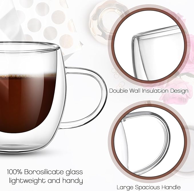 Gerrii Espresso Cups Double Walled Espresso Shot Glass with Handle Cups Insulated Clear Small Shot Glasses for Cappuccino Latte Hot Beverage(20 Pcs,2.5 oz)