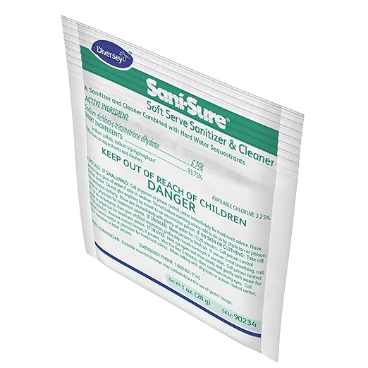 Diversey 90234 Sani-Sure Soft Serve Sanitizer & Cleaner, for Shake, Slush, Yogurt Machines & Food Service Equipment, Powder, 1-Ounce Packet