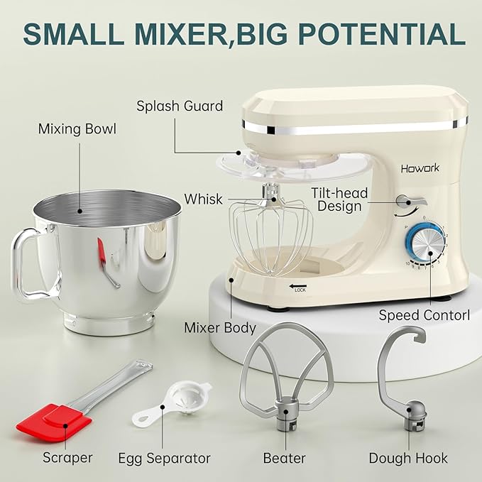 HOWORK Electric Stand Mixer,10+p Speeds With 6.5QT Stainless Steel Bowl,Dough Hook, Wire Whip & Beater,for Most Home Cooks,Cream White