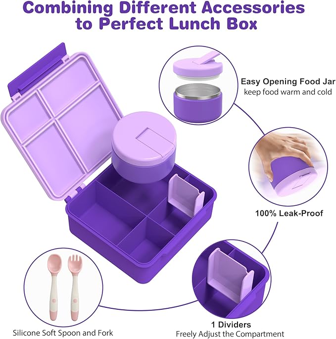 Bento Lunch Box with 8oz Soup Thermo, Kids Leakproof Lunch Food Containers with 4 Compartment, Kids Thermo Insulated Hot Food Jar for School, Trvael (Purple)