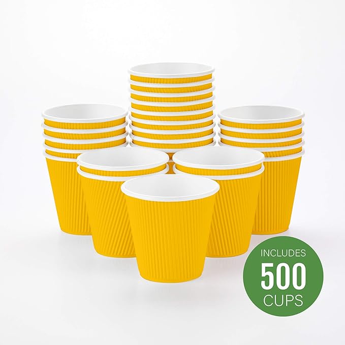Restaurantware 8 Ounce Double Wall Disposable Coffee Cups, 500 Insulated Yellow Paper Tumblers with Ripple Wall Design, Lids Sold Separately for Hot Drinks like Tea, Hot Chocolate and More