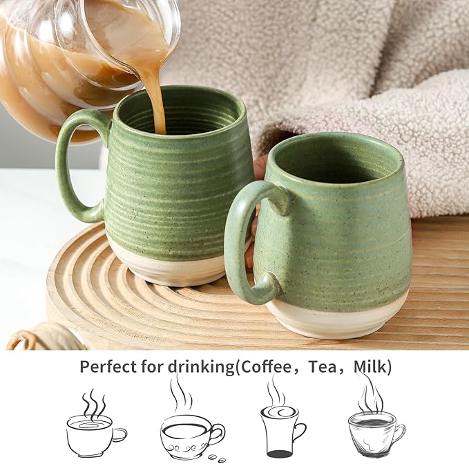Hasense Large Coffee Mugs, Ceramic Tea Cups with Comfortable Handle Set of 2, Perfect for Milk, Latte, Hot Cocoa, Dishwasher and Microwave Safe, Green