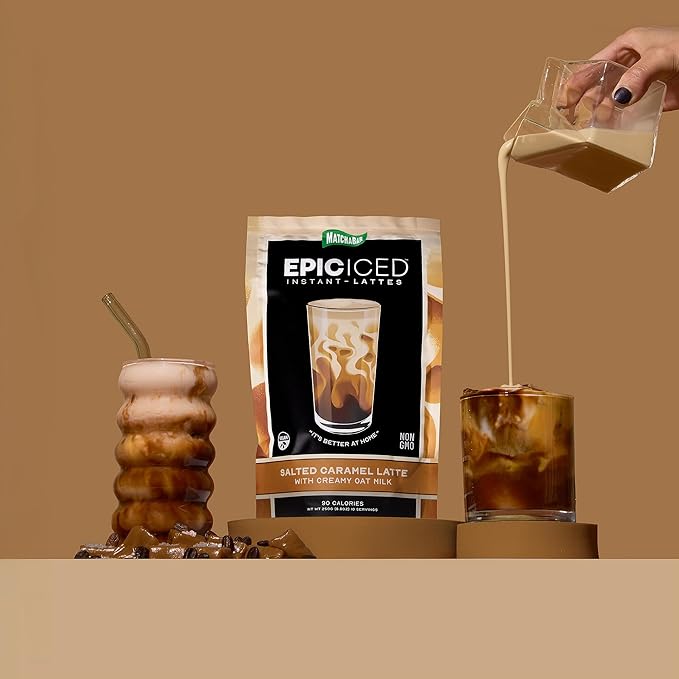 Matchabar Epic Iced Instant Latte Powder | Salted Caramel Espresso w/Oat Milk Base | Low Sugar, Non-Diary & Vegan Instant Iced Coffee Powder | Barista-Quality Creamy Latte Mix | 10 Servings