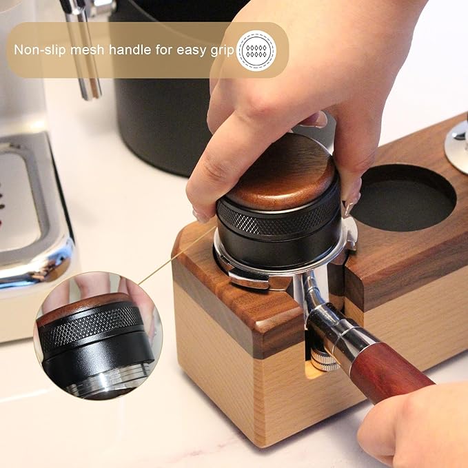 Espresso Distributor Stainless Steel Coffee Distribution Tool,Adjustable Depth Espresso Distributor Leveler with Walnut Wood,3 Angled Slopes Adjustable Palm Espresso Distributor Tool
