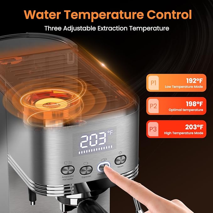 Espresso Machine 20 Bar Temperature Control LED Display Expresso Machine for Home with Steam Milk Frother for Cappuccino Latte Stainless Steel Espresso Maker with Removable Water Tank for Americano