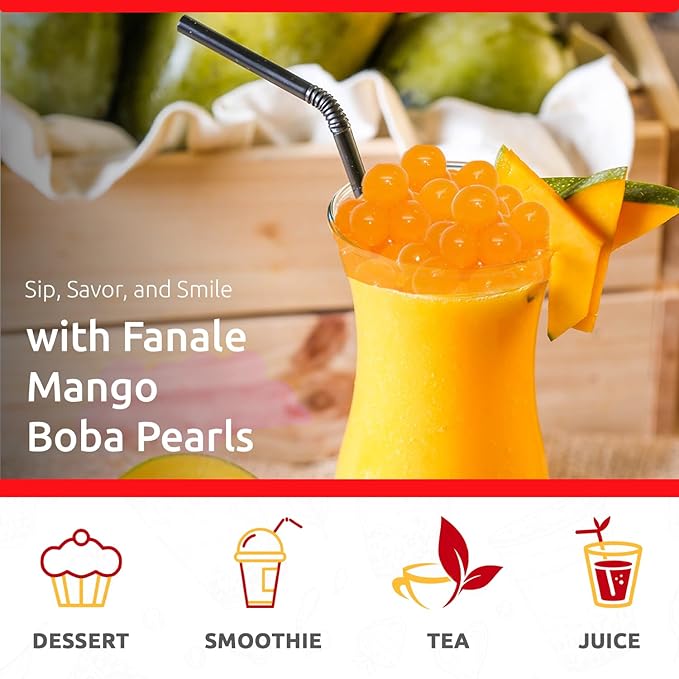 Fanale Mango Popping Boba Pearls, Vegan, Non GMO, Gluten Free, Fat Free, Perfect for Bubble Tea, Smoothies, Ice Cream, Desserts, and Beverages.