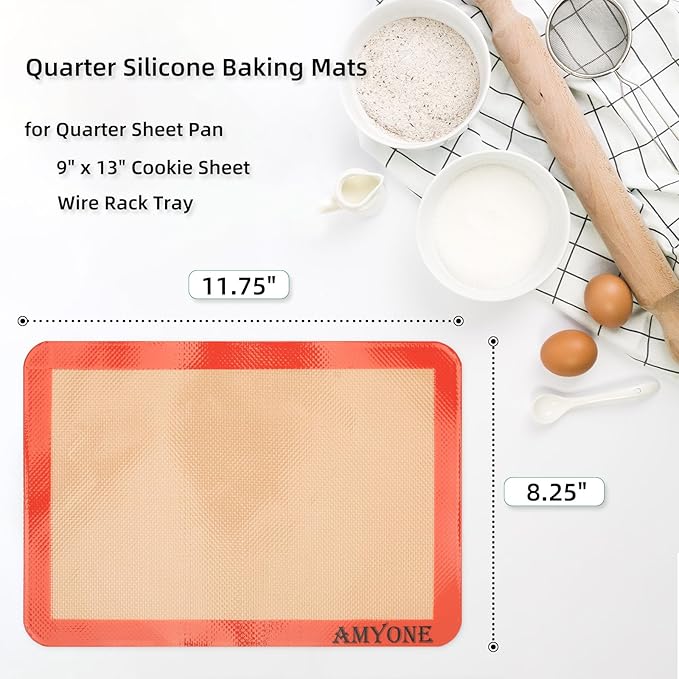 AMYONE Quarter Sheet Silicone Baking Mat, 2 Pcs Non-Stick Silicone Baking Mats Cookie Sheet for 9x13 Baking Pan, Reusable Baking Sheet Liners Compatible with Nordic Ware Naturals Quarter Sheet