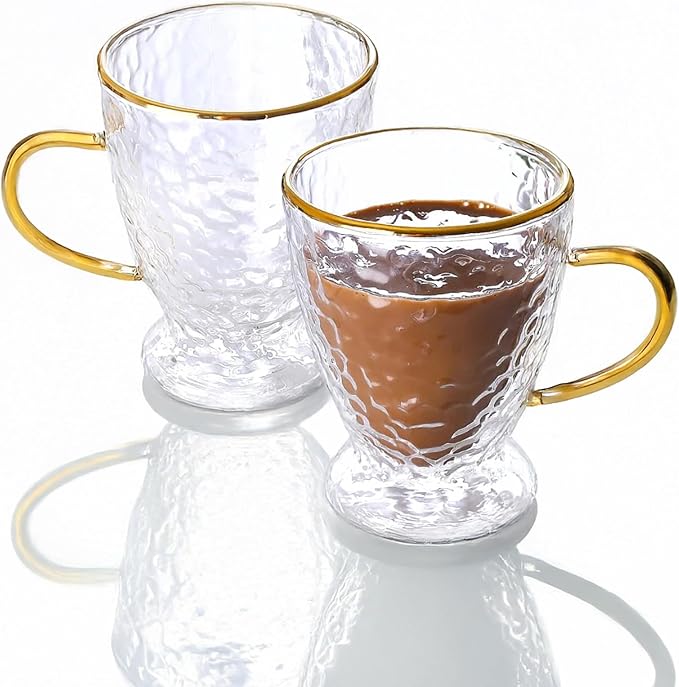 Sister.ly Drinkware, Hammered Double Wall Glass Coffee Cups with Gold Rim and Gold Handle, Insulated Glass Coffee Mugs, Set of 2, 12 ounces. Perfect for Espresso, Latte, Tea, Irish Coffee