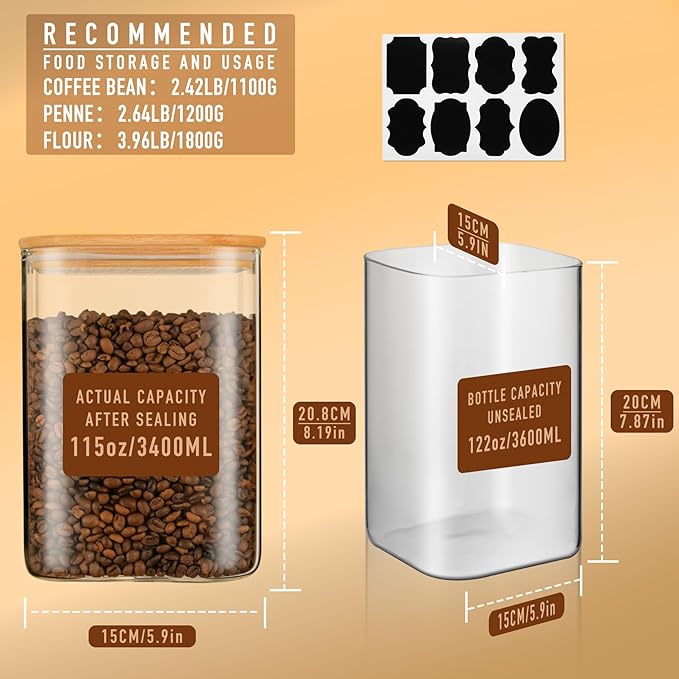 122oz Airtight Glass Square Storage Canister with Bamboo Lid Set of 1 (3600ml) Gallon Glass Jars Large Kitchen Canister for Sugar, Flour, Cookies and Coffee beans (‎with Black Lable)