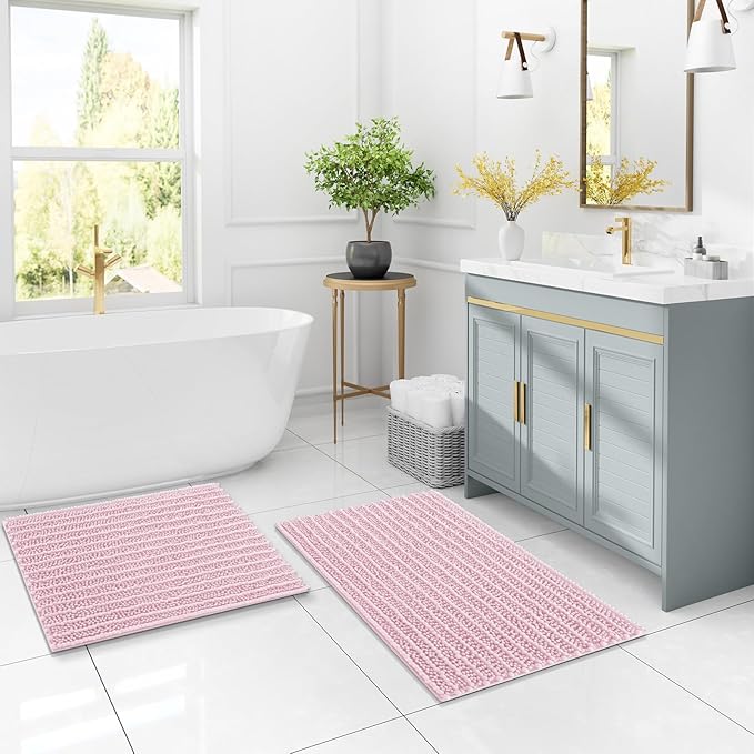 Arotive Luxury Chenille Bathroom Rug Mat, Extra Soft Thick Absorbent Shaggy Bath Rugs, Non-Slip Machine Wash Dry, Plush Bath Mats for Bathroom, Shower and Tub, 47x24, Pink