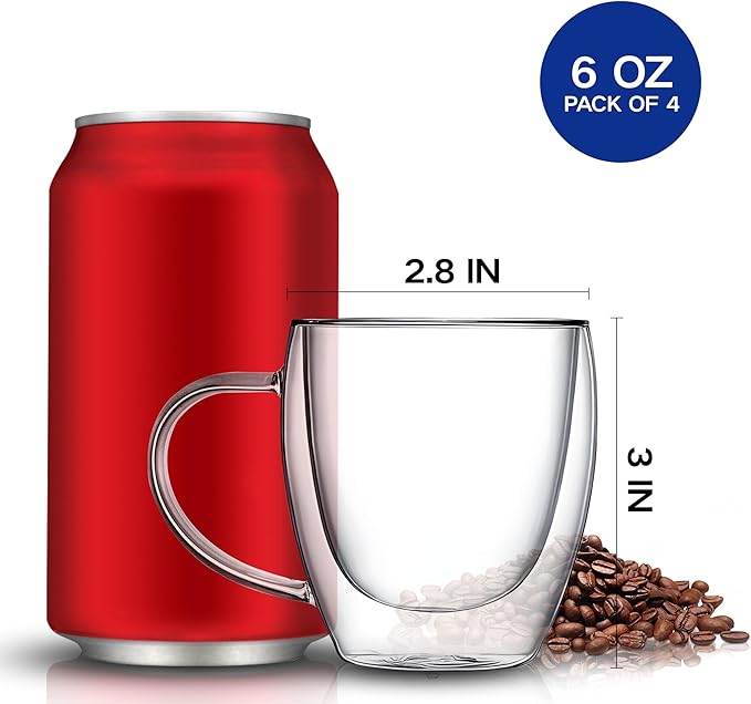 Set of 2 Double Walled Glass Coffee Mugs 6 Ounces Insulated Layer Coffee Cups with Handle Borosilicate Glass Espresso Cup for Hot Beverage,Cappuccino,Tea,Latte,Wine,Microwave Safe