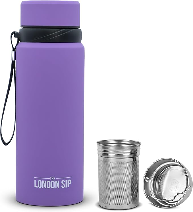 London Sip 25 oz Multi-Purpose Tea Infuser Mug – Fruit Infuser Water Bottle for Hot and Cold – Double Wall Stainless Steel Insulated, Purple
