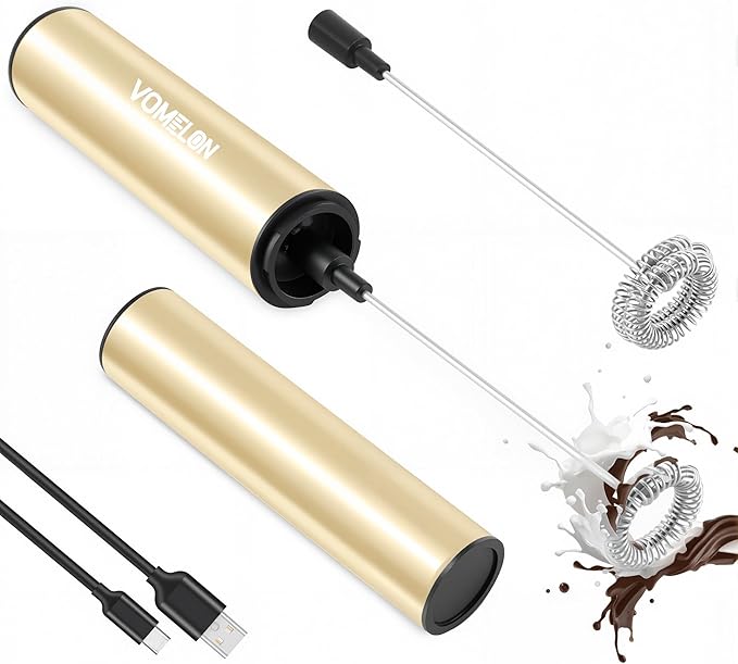 Rechargeable Milk Frother Handheld Electric Frother Wand Milk Foamer Drink Mixer for Coffee, Lattes, Cappuccino, and Egg, Stainless Steel for Travel-Beige