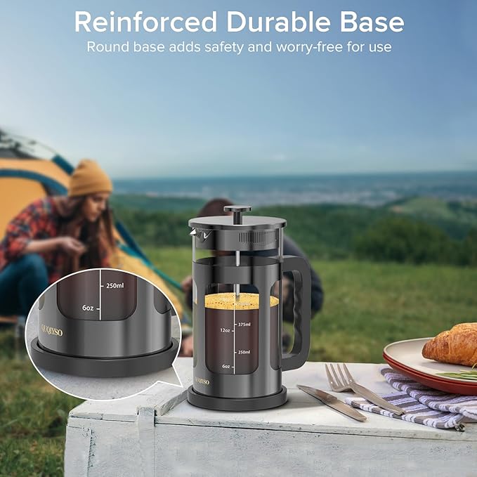 French Press Coffee Maker, French Press 304 Stainless Steel with 4 Filter, Heat Resistant Durable, Easy to Clean, Borosilicate Glass Coffee Press, 100% BPA Free Glass Teapot, 21 ounce, Dark Pewter