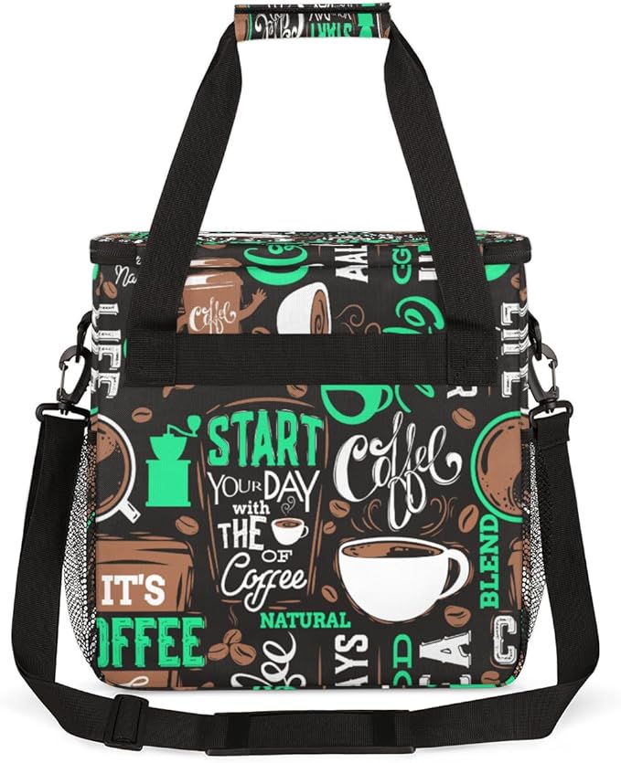 Turquoise Start Your Day With Coffee Coffee Maker Carrying Bag, Coffee Machine Travel Storage Tote Bag Compatible with K-Mini or K-Mini Plus, Portable Single Serve Coffee Brewer Case with Pockets