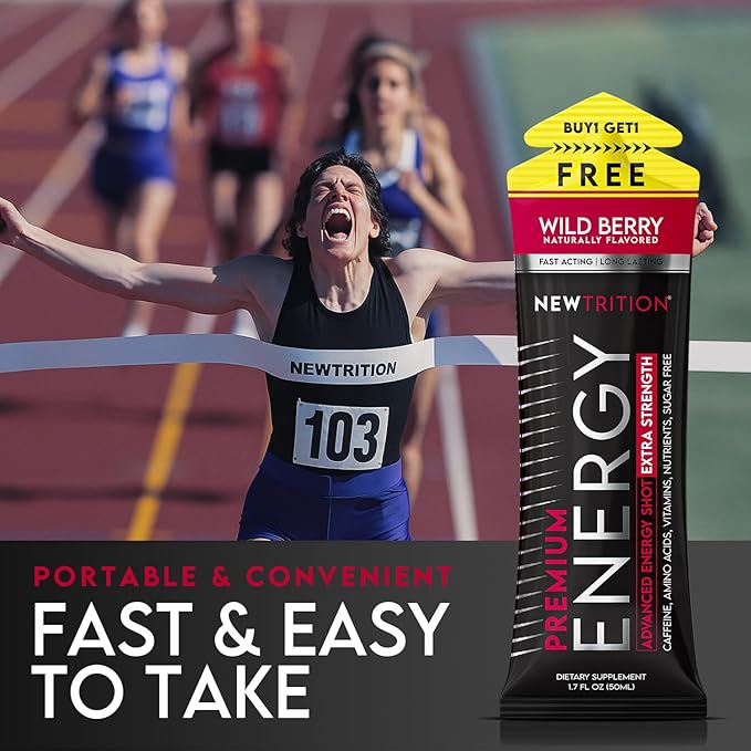 NewTrition® Extra Strength Energy Shots, 1.7 fl oz (Pack of 24, Wild Berry flavor) - 250mg Caffeine with Vitamin B & Amino Acids, Sugar-Free, Zero Calorie Vitamin Energy Drink for Focus & Endurance
