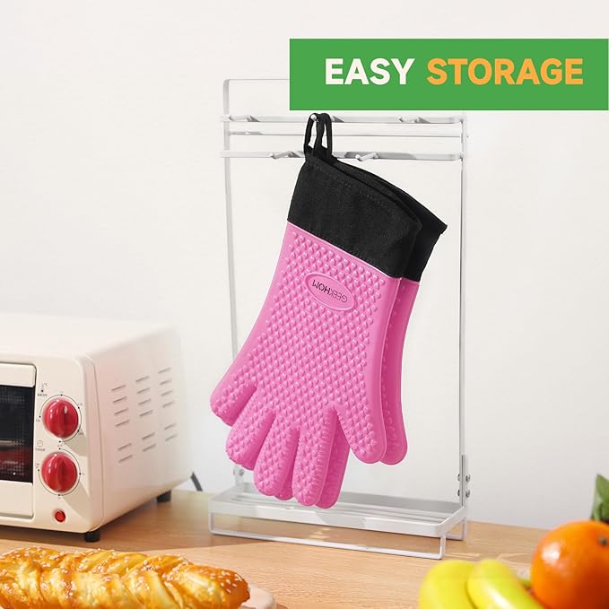 GEEKHOM BBQ Gloves Heat Resistant Oven Mitts - Silicone Grilling Gloves with 13.7" Arm Protection - Waterproof Pot Holder Non-Slip for Men & Women, Kitchen Outdoor Cooking, Baking, Camping, Pink