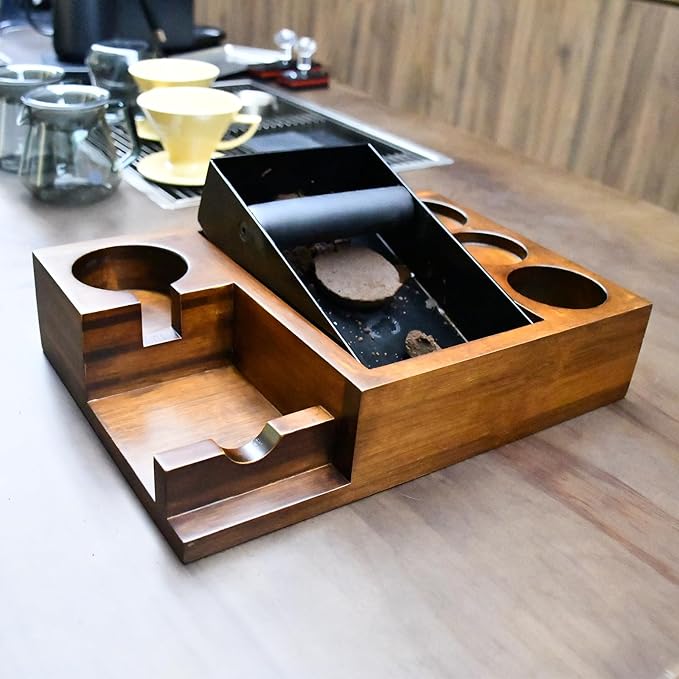 13.4'' Large Espresso Knock Box and Tamping Station, Solid Wood Espresso Accessories Organizer Box for 51MM-58MM Tamper, Distributor, Portafilter, High-Capacity Espresso Coffee Organizer