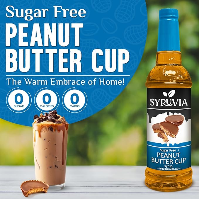Syruvia Sugar Free Coffee Syrup, Peanut Butter Cup Flavored Syrup for Drinks, Lattes, and Desserts – 25.4 fl oz
