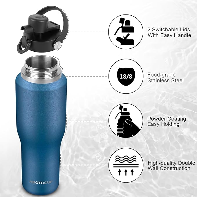 32oz Water Bottle Insulated with Powder Coated, Fit in Any Car Cup Holder, Water Bottles with Straw and Spout Lids, Stainless Steel Insulated Double Wall Leak-proof BPA Free to Keep Cold&Hot