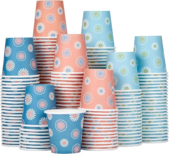 300 Pack 3 oz Paper Cups, Disposable Bathroom Cups, Small Mouthwash Cup, Hot/Cold Beverage Drinking Cups, Mini Paper Cups for Bathroom, Birthday Party, Travel, Events, Picnic, BBQ (Daisy)