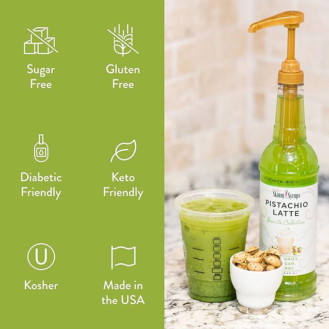 Jordan's Skinny Syrups Sugar Free Coffee Syrup, Pistachio Flavor Drink Mix, Zero Calorie Flavoring for Chai Latte, Protein Shake, Food & More, Gluten Free, Keto Friendly, 25.4 Fl Oz (Pack of 6)