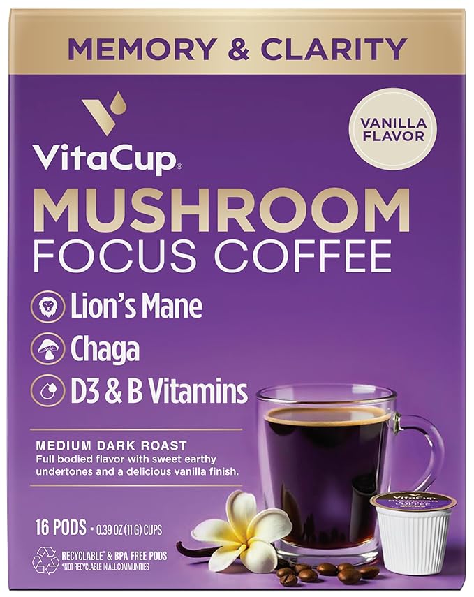 VitaCup Focus Mushroom Coffee Pods, Vanilla Flavored Coffee with Chaga, Lion’s Mane, Vitamins, Medium Dark Roast Arabica Beans, Recyclable Single Serve Pods Compatible with Keurig K-Cup Brewers, 16 Ct