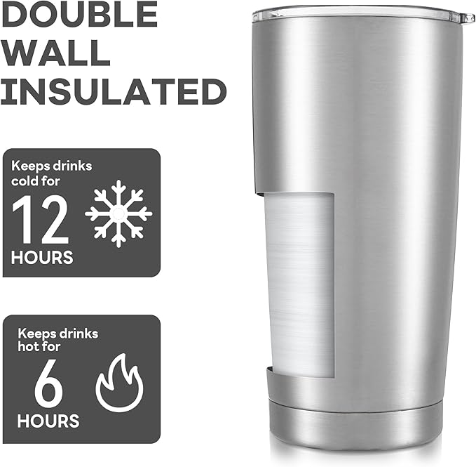 20 oz Tumbler with Lid Stainless Steel Double Wall Vacuum Insulated Tumblers Powder Coated Cups Travel Mug Keep Drinks Cold and Hot, Stainless Steel