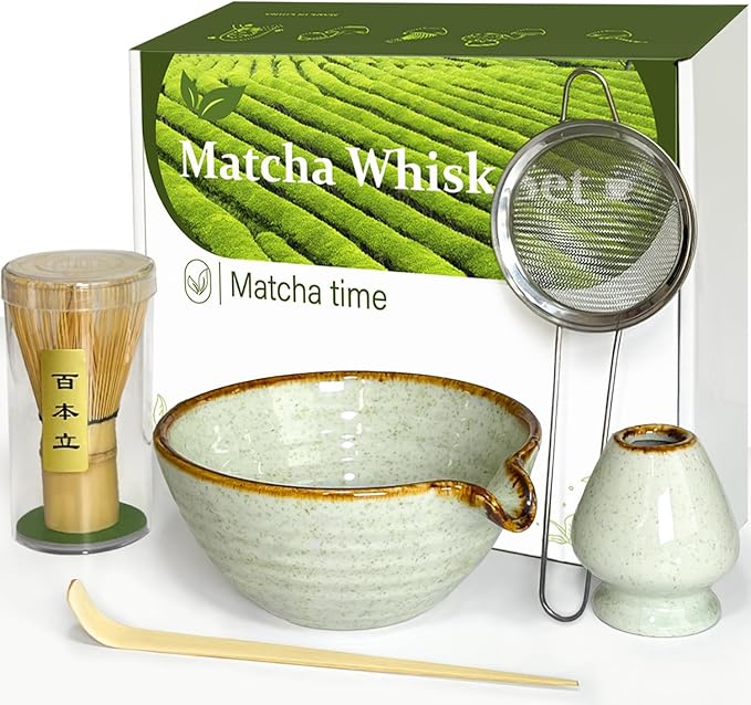 Matcha Whisk Set with Matcha Bowl, Matcha Whisk Holder Matcha Bamboo Whisk, Scoop, Sifter, Unique Gifts for Women Men Girl Friend Home Kitchen Decor Gifts for Tea Enthusiasts Christmas
