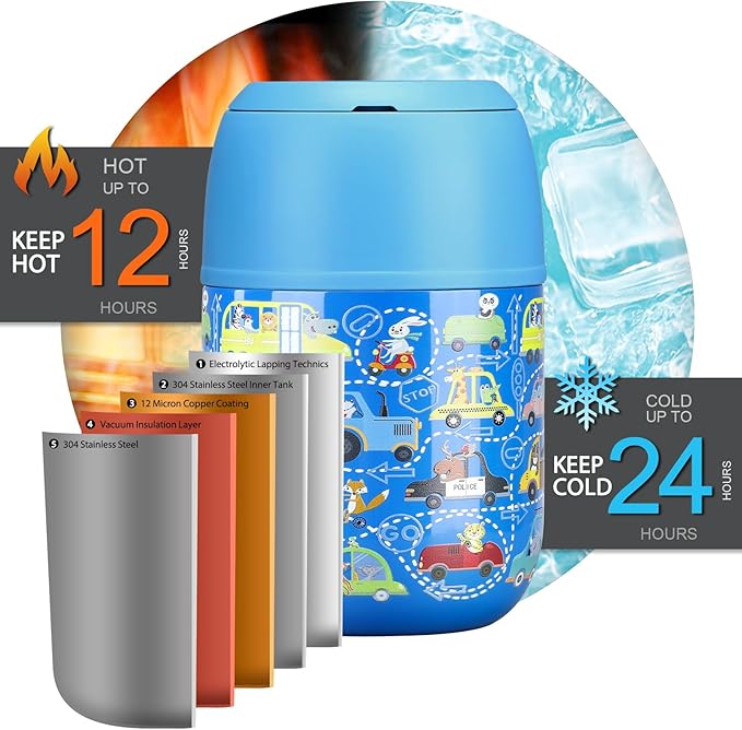 17 oz Insulated Lunch Containers Hot Food Jar, Wide Mouth Lunch Thermo for Kids Adults, Vacuum Stainless Steel Lunch Box With Handle Folding Spoon for School, Office Blue - Car