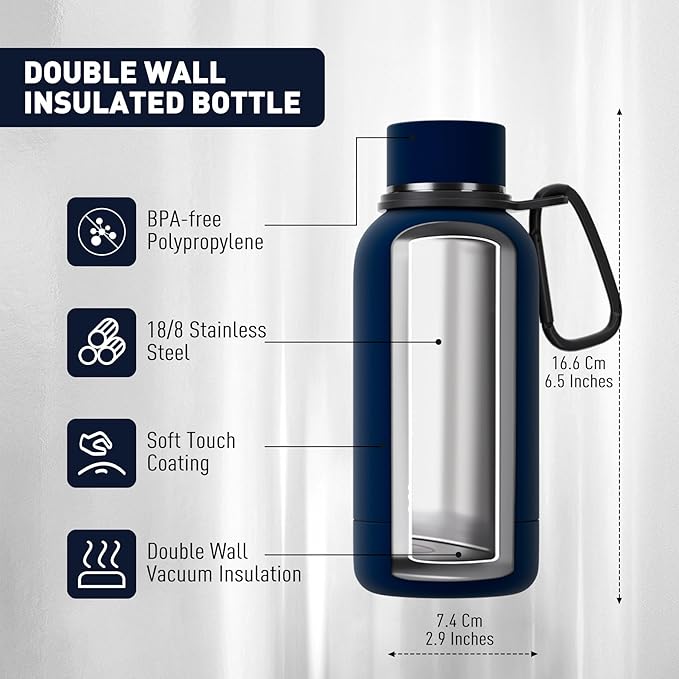 Small Water Bottle 12oz with Clip, Double Wall Stainless Steel Vacuum Small Insulated Water Bottle Keeps Drinks Cold 24 Hrs/Hot 12 Hrs for Kids Handbag School BPA Free (Navy Blue)