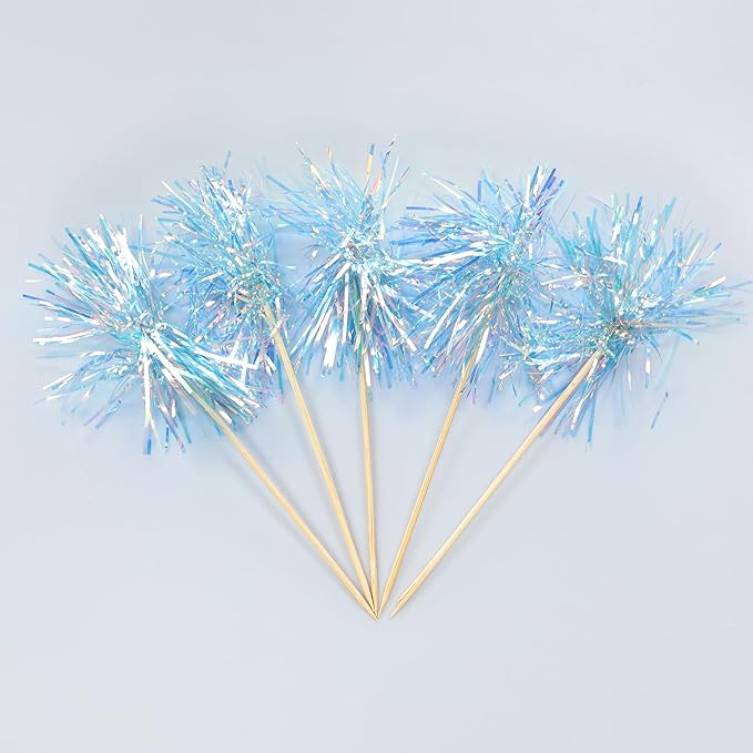 Gyufise 30Pcs Foil Firework Cupcake Toppers Sparkle Tinsel Cake Toppers Tinsel Drink Cake Decoration Cocktail Picks for Birthday Wedding Graduation Party Supplies Laser Blue